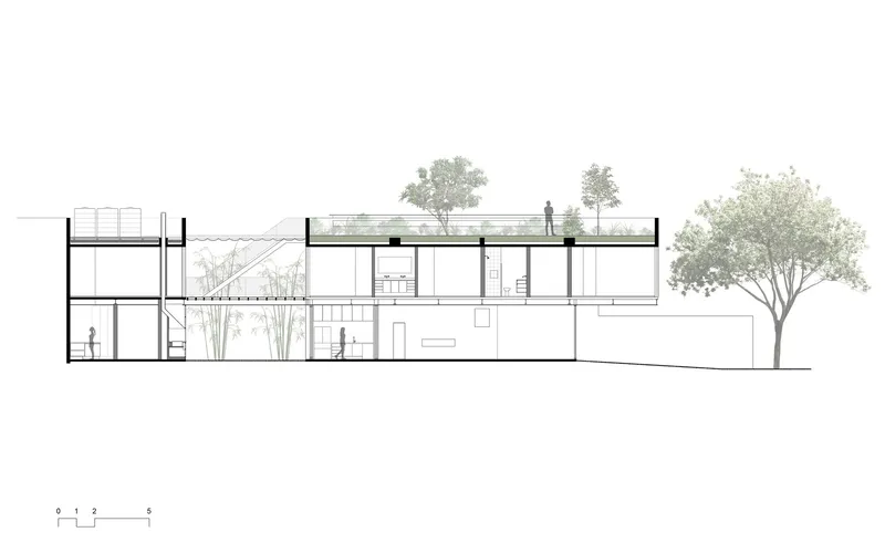 Longitudinal section drawing showing split levels with roof terraces, planted areas and figures at different heights
