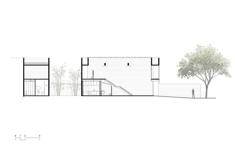 Section drawing showing a double-height volume with staircase, courtyard plantings, and a figure beneath a tree