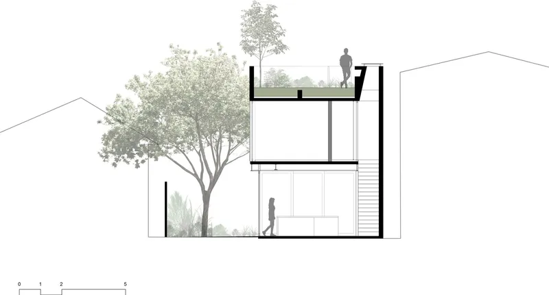 Section drawing depicting a three-story structure with rooftop terrace, external staircase, and adjacent tree canopy