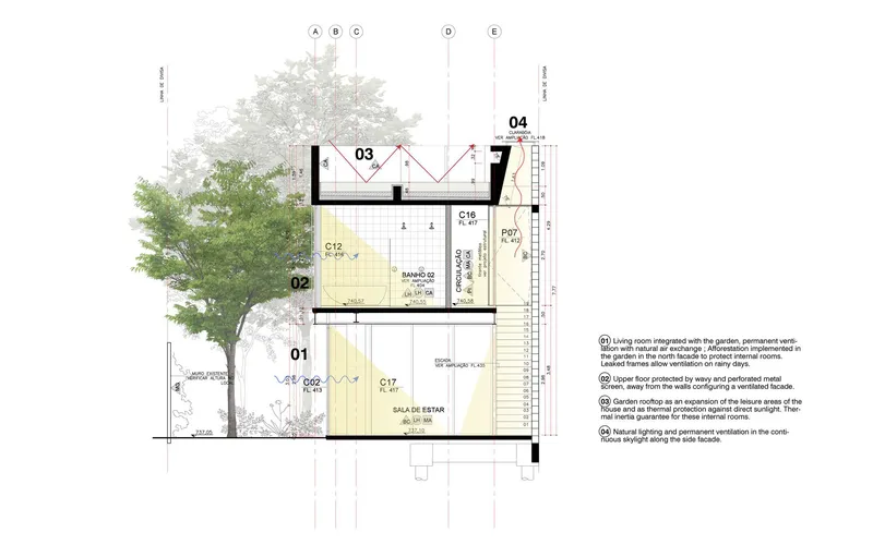 Annotated section drawing showing interior room layouts, ventilation paths, and a tree growing beside the facade