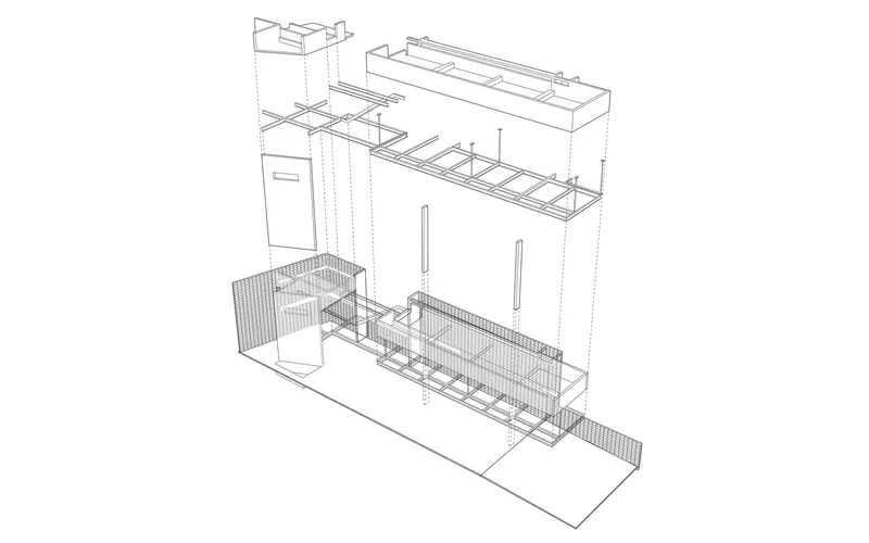 Axonometric drawing revealing the structural framework, roof beams, and mesh screening of a two-level volume