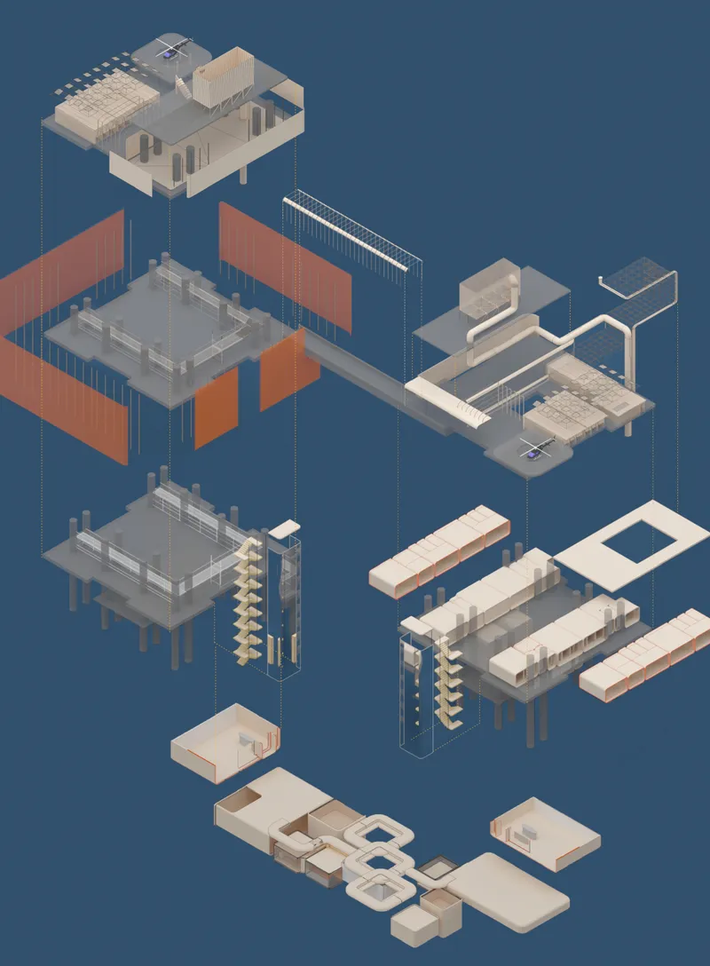 Exploded axonometric showing the oil rig’s transformation into layered public, residential, and service spaces.