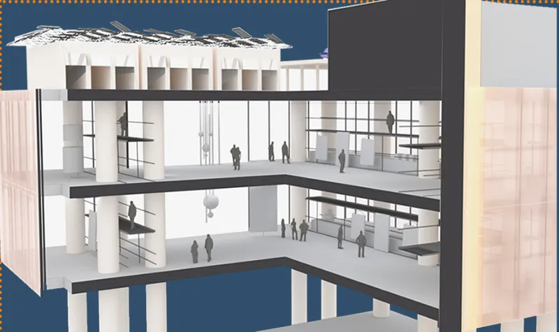 Section through the gallery space, revealing open floors, retained structural columns, and translucent façade layers.