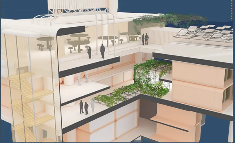 Section through the residential zone, showing vertical farms, shared spaces, and compact living units.