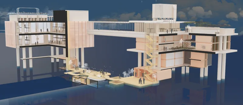 Primary section through Proximity Land, showing the reused oil rig as a connected marine habitat with galleries, housing, gardens, and public decks.