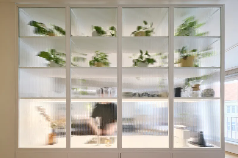 Shelving unit with ribbed glass backing diffusing silhouettes of plants and objects behind