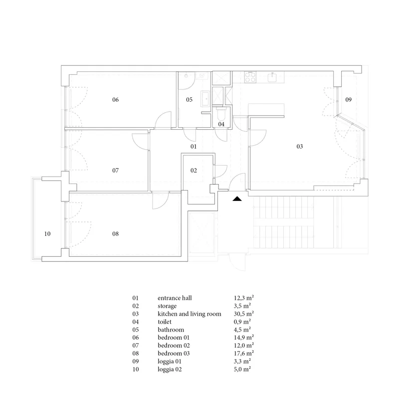 Floor plan drawing showing entrance hall and three bedrooms arranged around central bathroom and kitchen