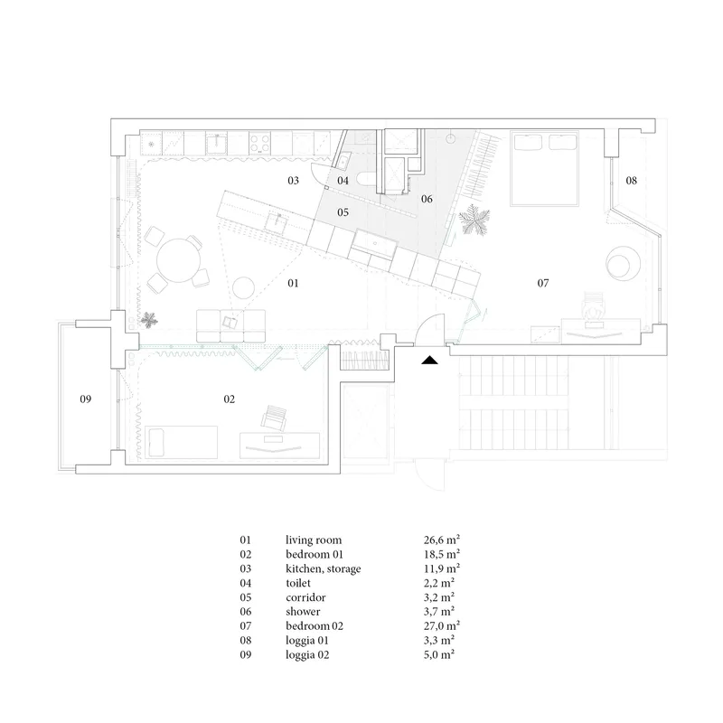 Floor plan drawing showing living room and bedroom separated by corridor with furniture layout indicated