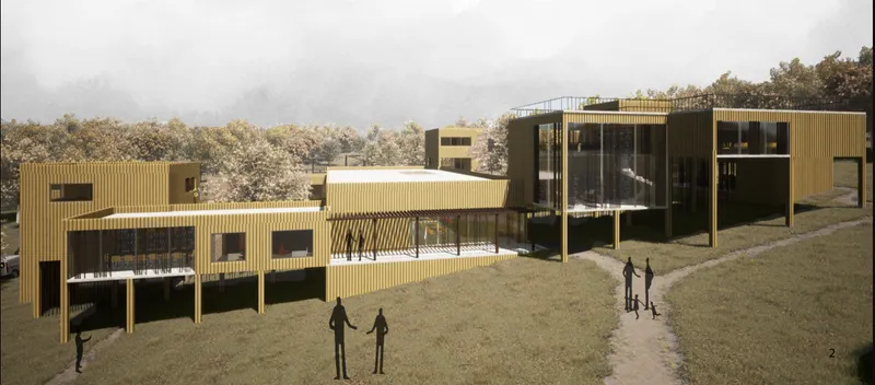 Elevated timber volumes follow the natural topography, minimizing site impact while enhancing transparency and connection to nature.