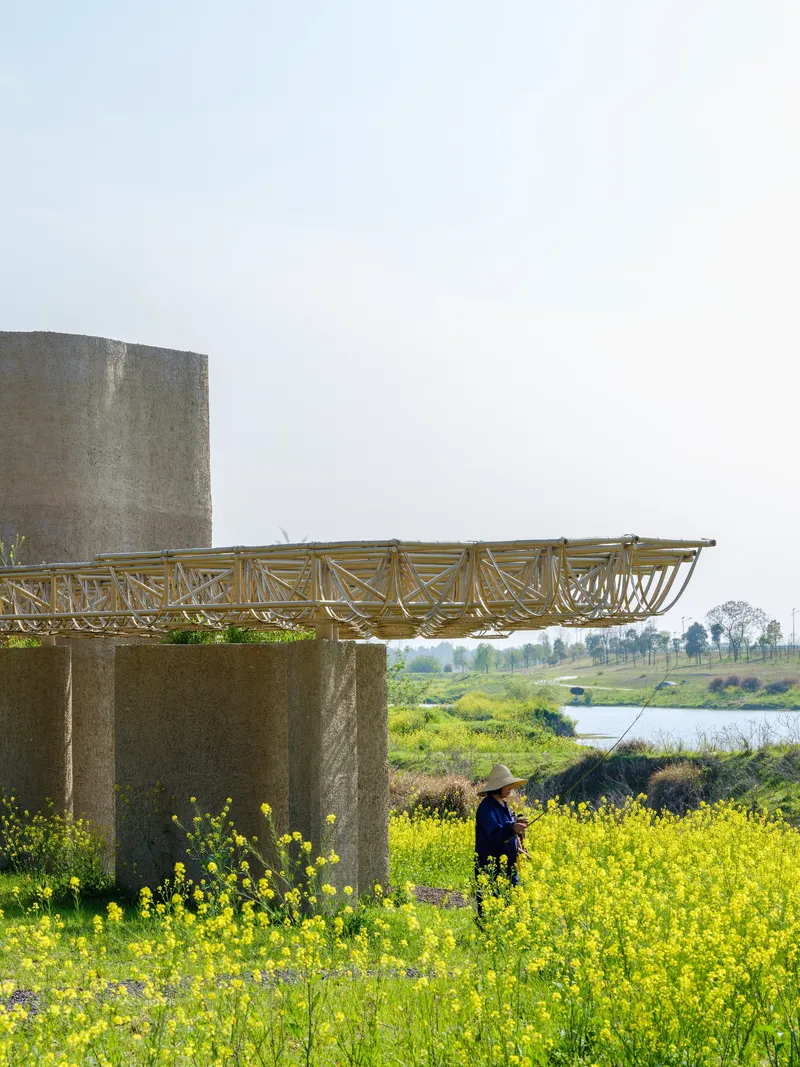 Concrete columns supporting a lattice shade structure with a figure sheltering among yellow flowering plants