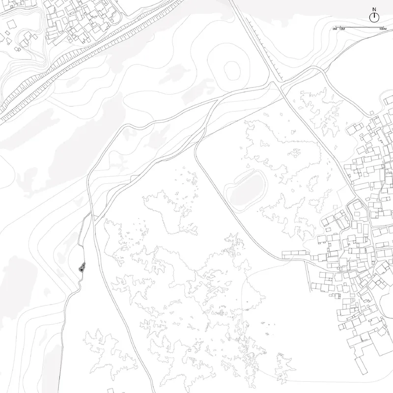 Site plan drawing showing topographic contours, pathways, scattered vegetation and adjacent urban fabric