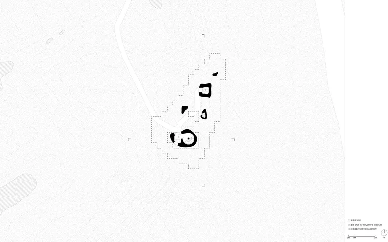 Floor plan drawing depicting four clustered pavilions with irregular organic-shaped openings