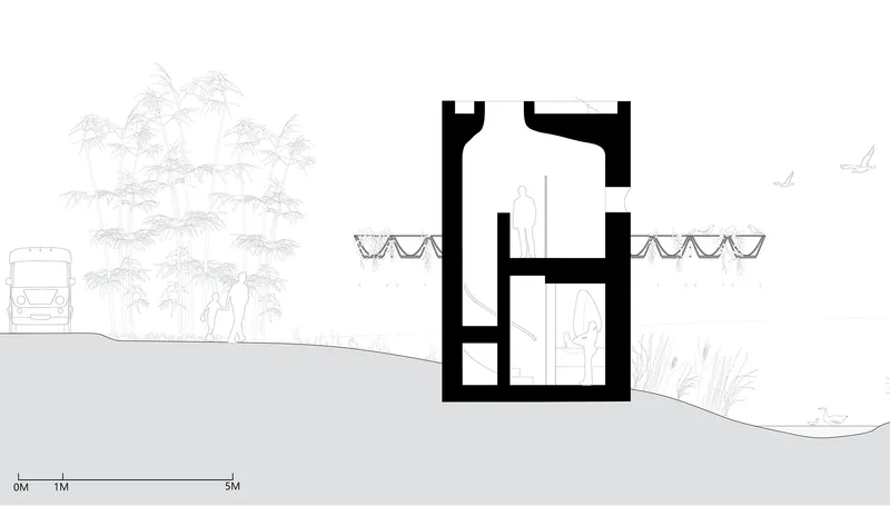Section drawing showing a two-story volume partially embedded in sloping terrain with a canopy overhead