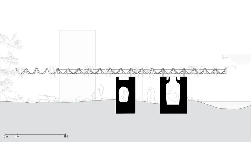 Section drawing showing twin towers beneath a long truss canopy with figures and tree sketches