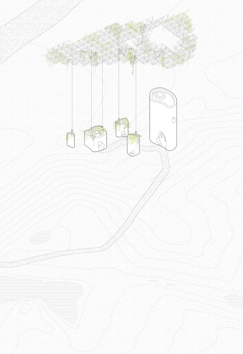 Axonometric drawing showing clustered volumes under a shared canopy with greenery and a meandering path