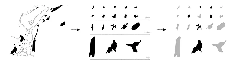 Diagram showing the abstraction process of organic site forms into simplified geometric building footprints