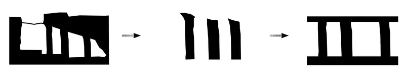Diagram showing progressive transformation of a solid mass into a columned structural frame