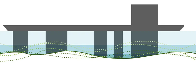 Section drawing showing elevated structure on columns with undulating landscape below