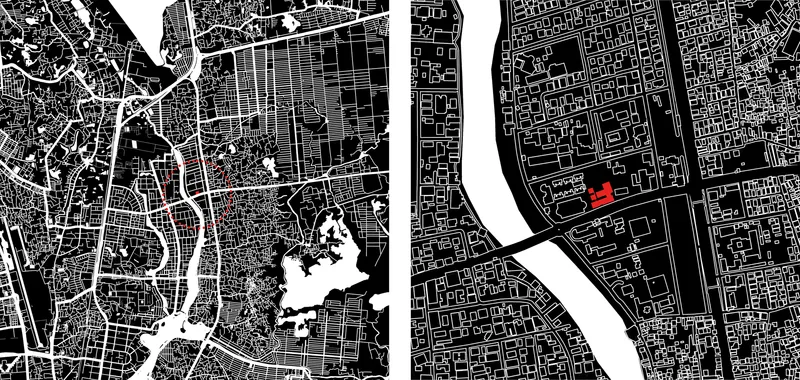 Site plan drawing showing the building footprint highlighted in red within the urban waterfront context
