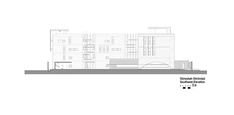 Elevation drawing showing the interior courtyard facade with reading rooms and central arched opening