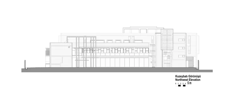 Northwest elevation drawing showing a linear horizontal volume with glazed sections and solid masses