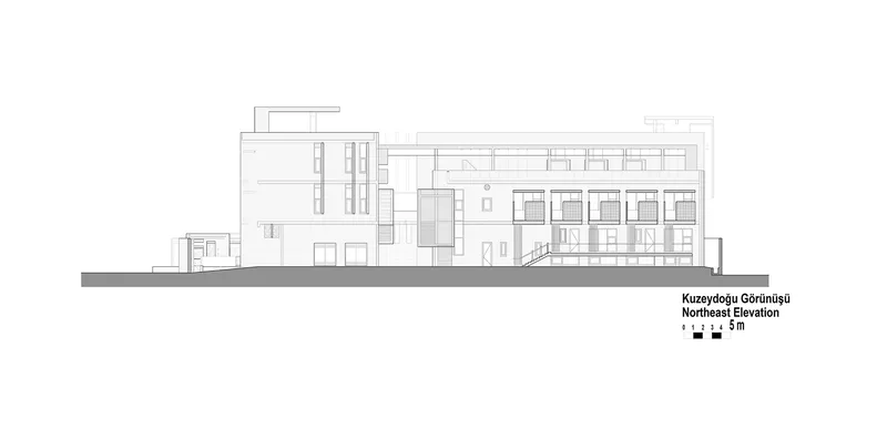 Northeast elevation drawing showing a multi-level composition with recessed windows and an exterior staircase