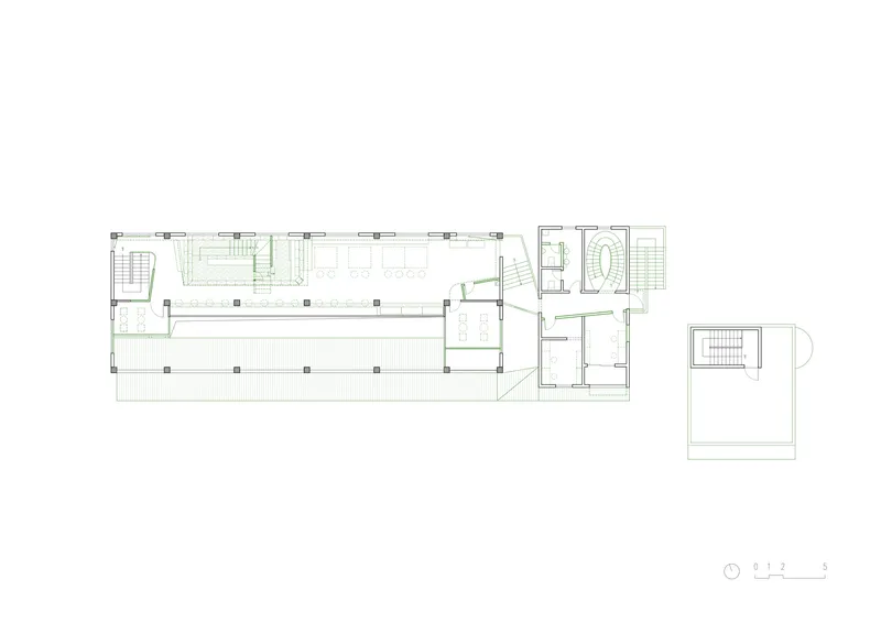 Upper level floor plan drawing showing the mezzanine gallery space with stairs and open viewing area