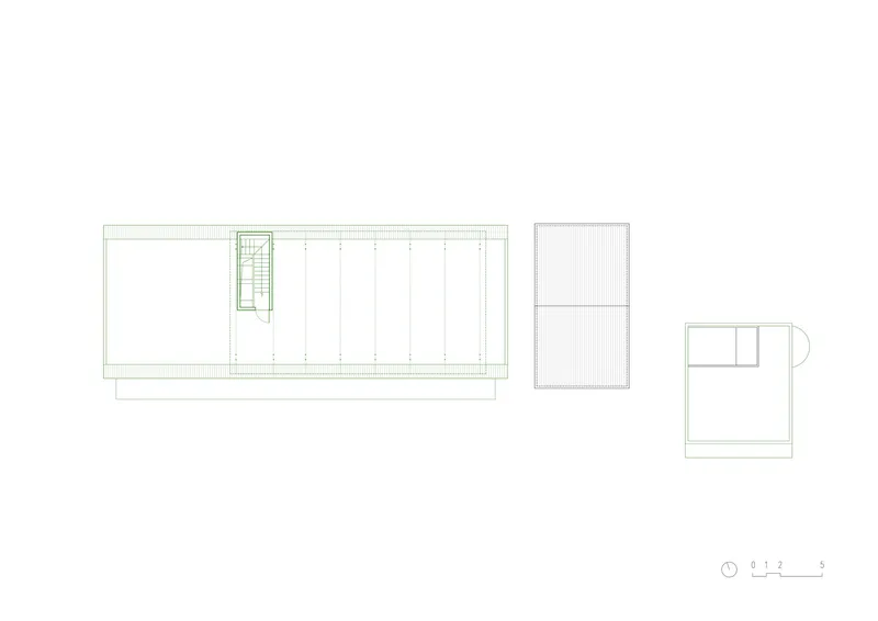 Floor plan drawing showing a long rectangular volume with staircase and three separate smaller structures