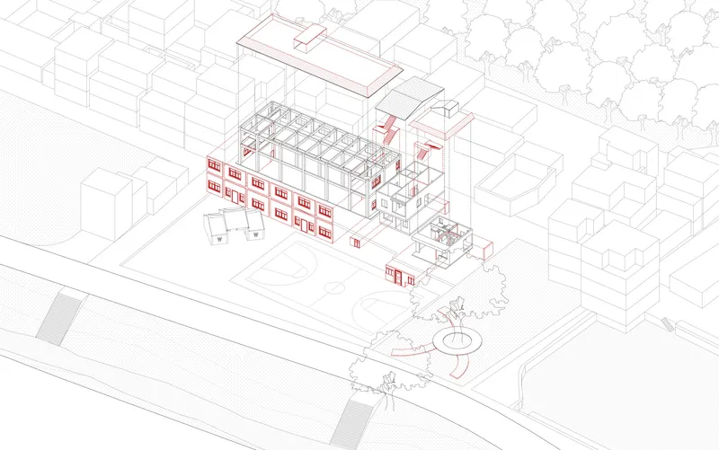 Axonometric drawing highlighting circulation paths in red through a structural frame within surrounding context buildings
