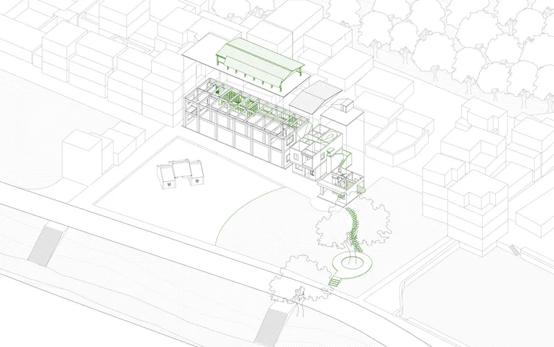 Axonometric drawing showing planted terraces and vegetation paths in green through a layered building structure