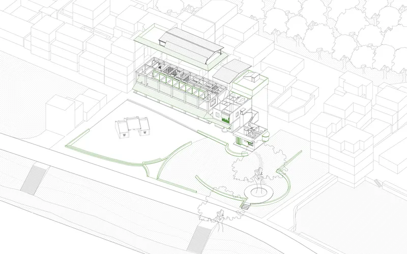 Axonometric drawing showing a linear building with glazed facade and curved pathways amid surrounding urban blocks