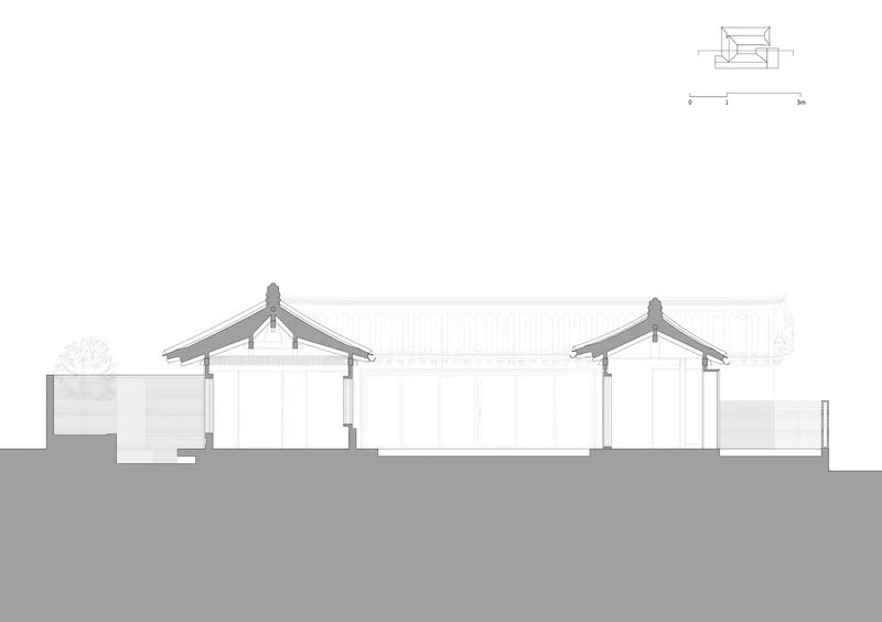 Section drawing showing the relationship between traditional pitched roofs and a central flat-roofed volume