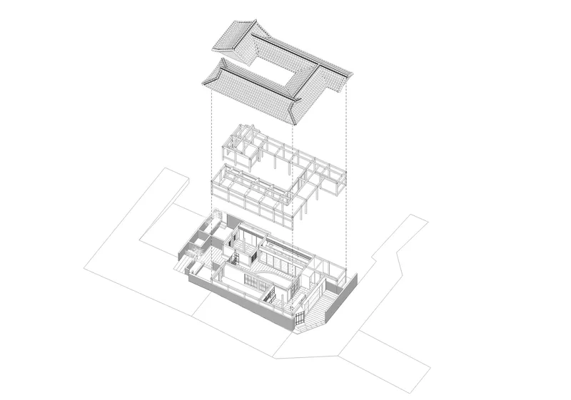 Exploded axonometric drawing showing the layered structure of three levels and roof assembly