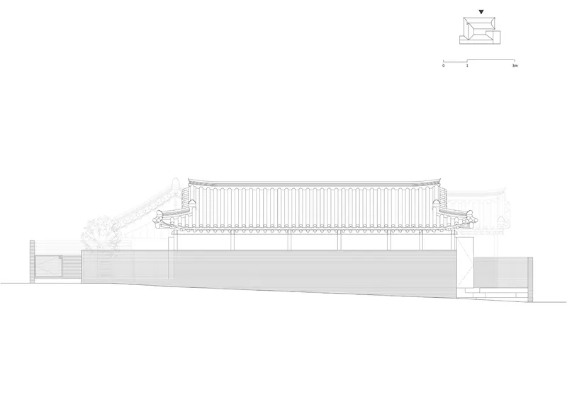 Elevation drawing showing a building with traditional tiled roof and horizontal slat detailing