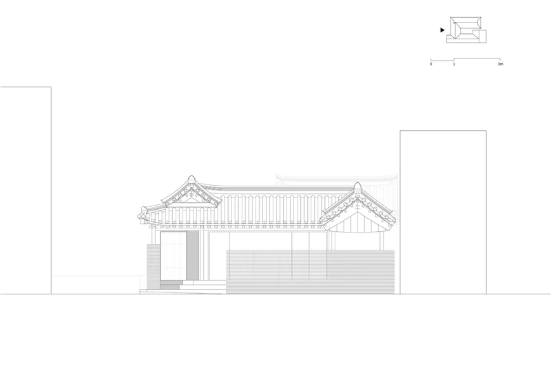Elevation drawing depicting a gabled structure with flared roof eaves and timber columns