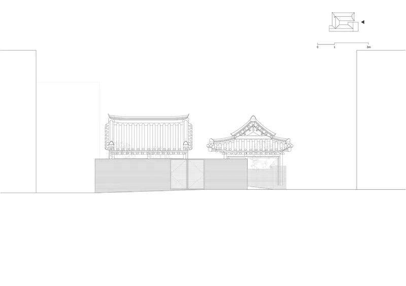 Elevation drawing showing two adjacent volumes with varying roof forms and traditional eaves