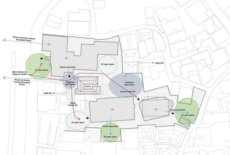 Site plan drawing with labeled open spaces, circulation routes, and visual connections marked in blue