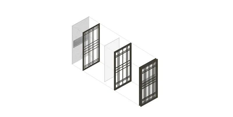 Axonometric drawing showing three layered screen panels with gridded frames and glass infill