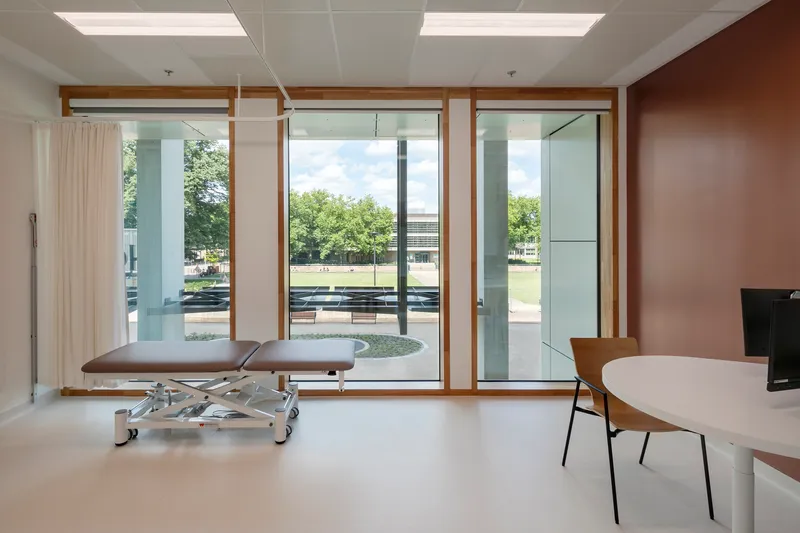 Treatment room with timber-framed windows overlooking a tree-lined plaza in summer