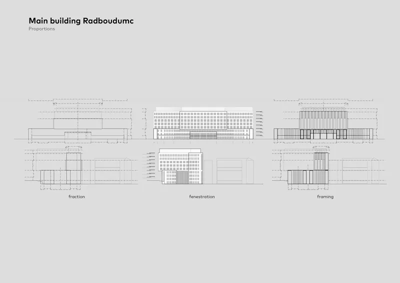 Elevation drawings showing the facade composition in three variations with vertical slat patterns