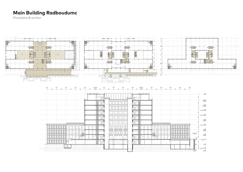 Floor plans and section drawing illustrating the building footprint and internal organization across multiple levels