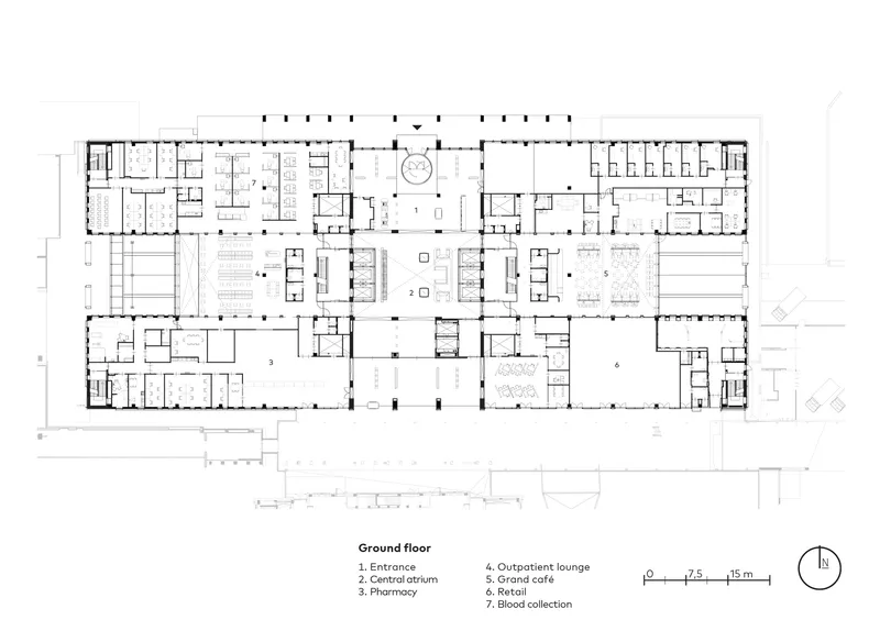 Ground floor plan drawing showing entrance, central atrium, pharmacy, outpatient lounge, and cafe with blood collection area