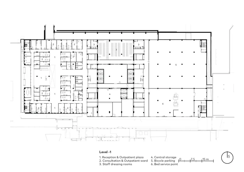 Level one floor plan drawing showing reception, outpatient plaza, consultation wards, staff dressing rooms, and bicycle parking