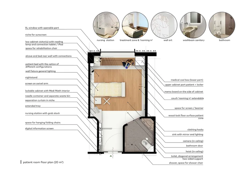 Annotated patient room floor plan showing bed, nursing station, treatment zone, bathroom, and wood floor surface