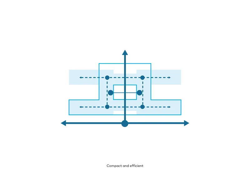 Schematic diagram drawing showing building circulation axes with blue arrows and dots indicating intersection points