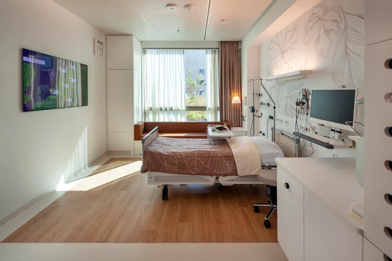 Patient room with wood flooring and large window framing greenery in daylight