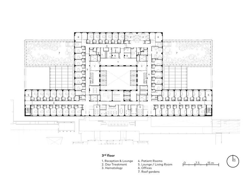 Third floor plan showing patient rooms flanking a central core with roof gardens on upper terraces