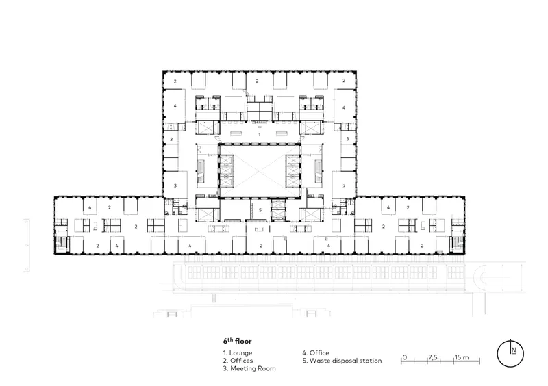 Sixth floor plan showing office spaces and meeting rooms arranged around a central atrium void