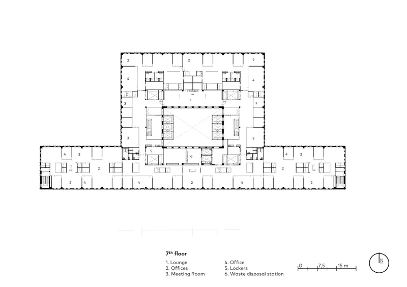 Seventh floor plan showing office areas and locker rooms with central open space below