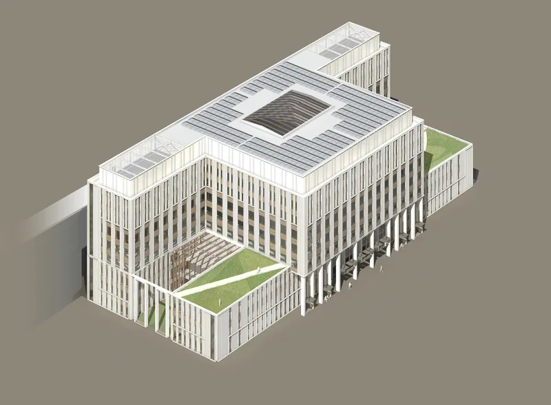 Isometric cutaway view revealing the central courtyard void with green terraces and vertical circulation cores